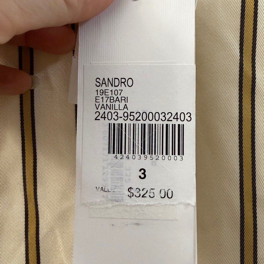 Sandro Paris Bari Striped Ruffle Sleeveless Top Vanilla Tan Black Size 3 NEW - Picture 3 of 6